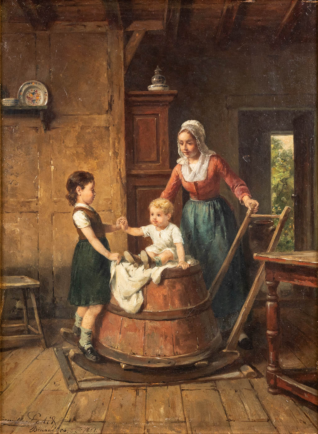 Corneille PETIT (XIX) 'La Baratte Flamande' olie op paneel. 1891. (W: 32 x H: 42 cm)