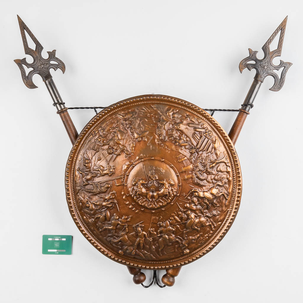 A decorative shield with spears, 20th C. (D:85 x D:49 cm)