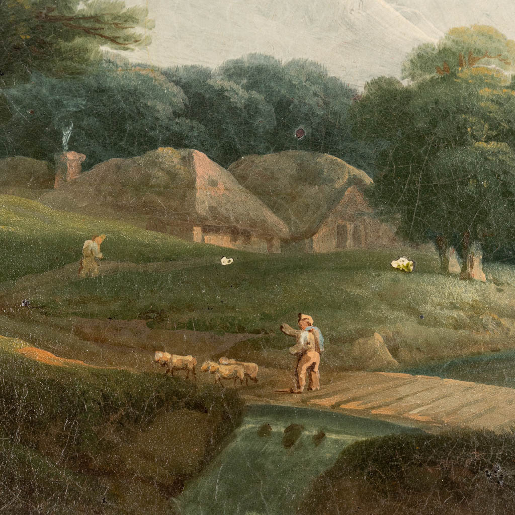 Een antiek landschap, olie op metaal, Italiaanse school, 18de eeuw. (W: 29 x H: 17,5 cm)