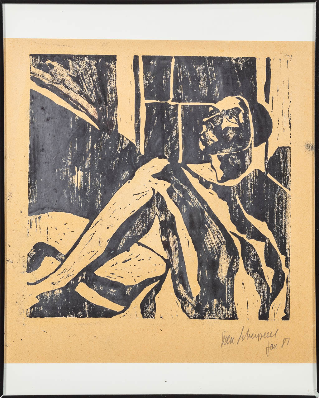 Koen SCHERPEREEL (1961-1997) een houtsnede van een man. Inkt op papier, gemerkt 1987. (24 x 24,5 cm)