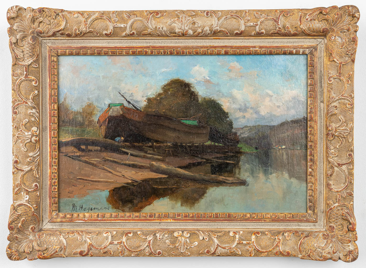 Maurice HAGEMANS (1852-1917) 'Het Droogdok' een schilderij, olie op doek. 