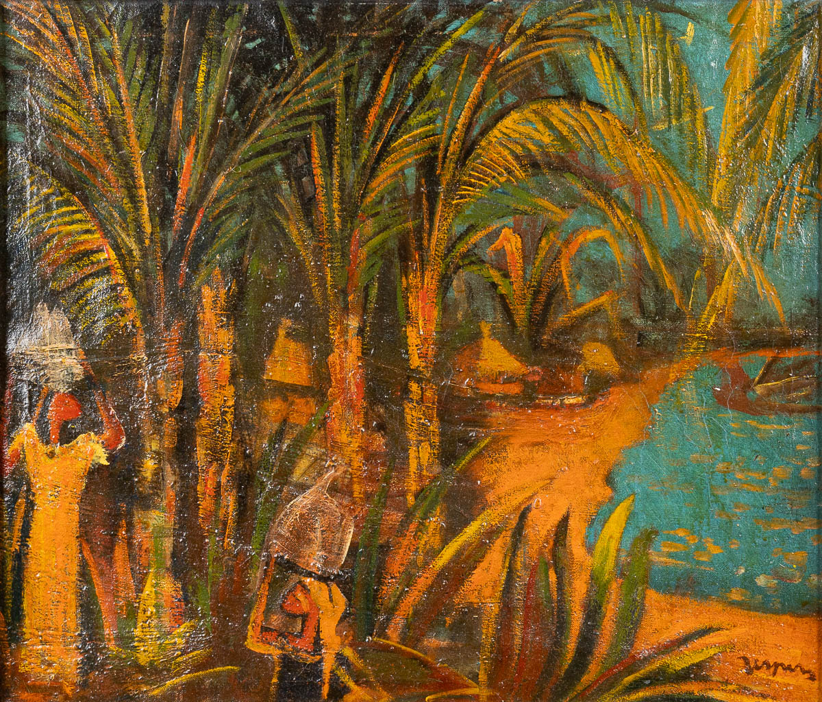 Floris JESPERS (1889-1965) 'Afrikaans Dorpszicht' een schilderij, olie op doek. (67 x 57 cm)