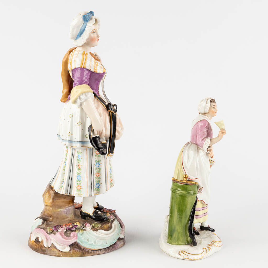 Milan and Ludwigsburg, 2 polychrome porcelain figurines. 19th C. (D:11 x W:12 x H:27 cm)