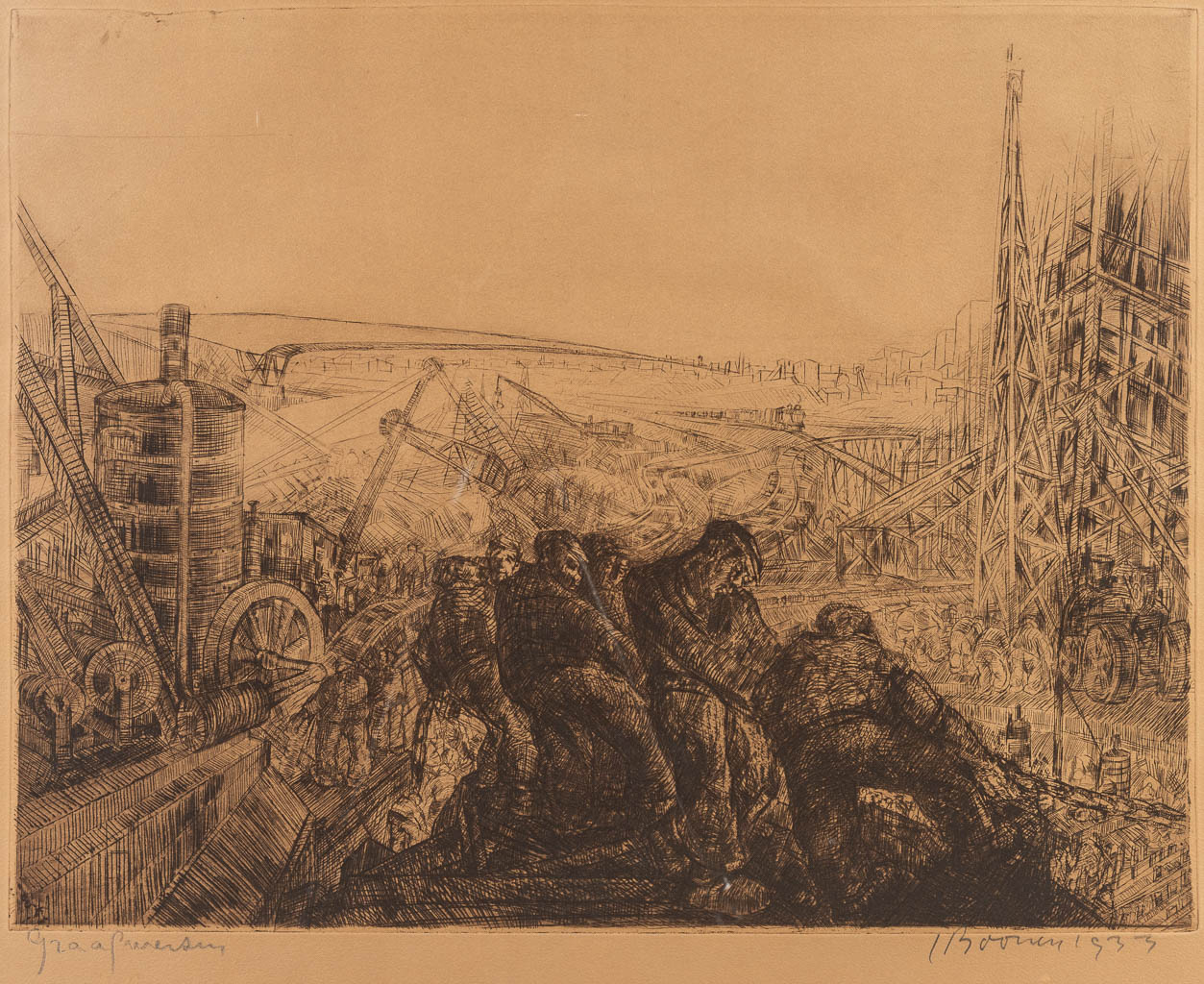 Jacques BOONEN (1911-1968) 'Graafwerken' een ets, 1933. (65 x 53 cm)