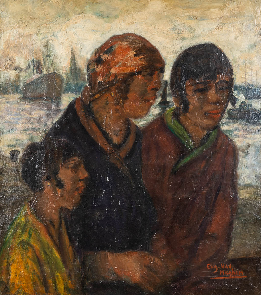 Eugeen VAN MIEGHEM (1875-1930) 'Vrouwen op de kade' olie op doek. (W:68 x H:77 cm)