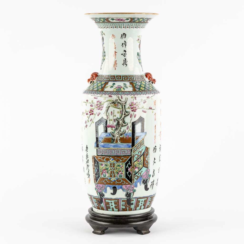 A Chinese Famille Rose vase, decorated with bonsai and flowers. (H:56 x D:21 cm)