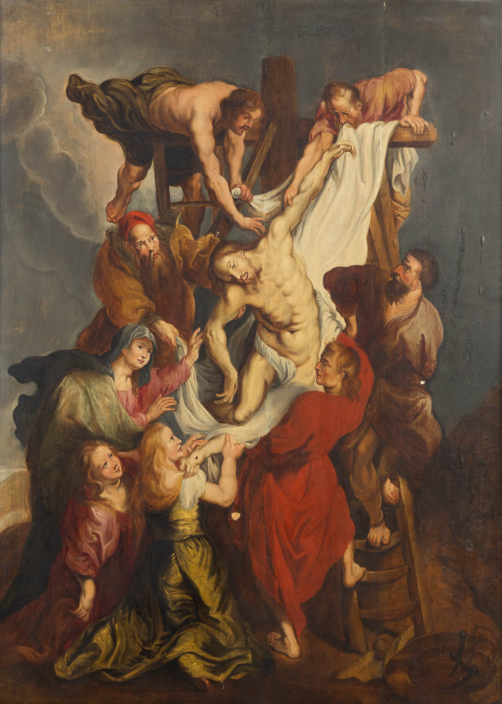 Een antiek schilderij, 'De Kruisafname, naar Rubens'. Olie op paneel, 19de eeuw. (W:73 x H:100 cm)