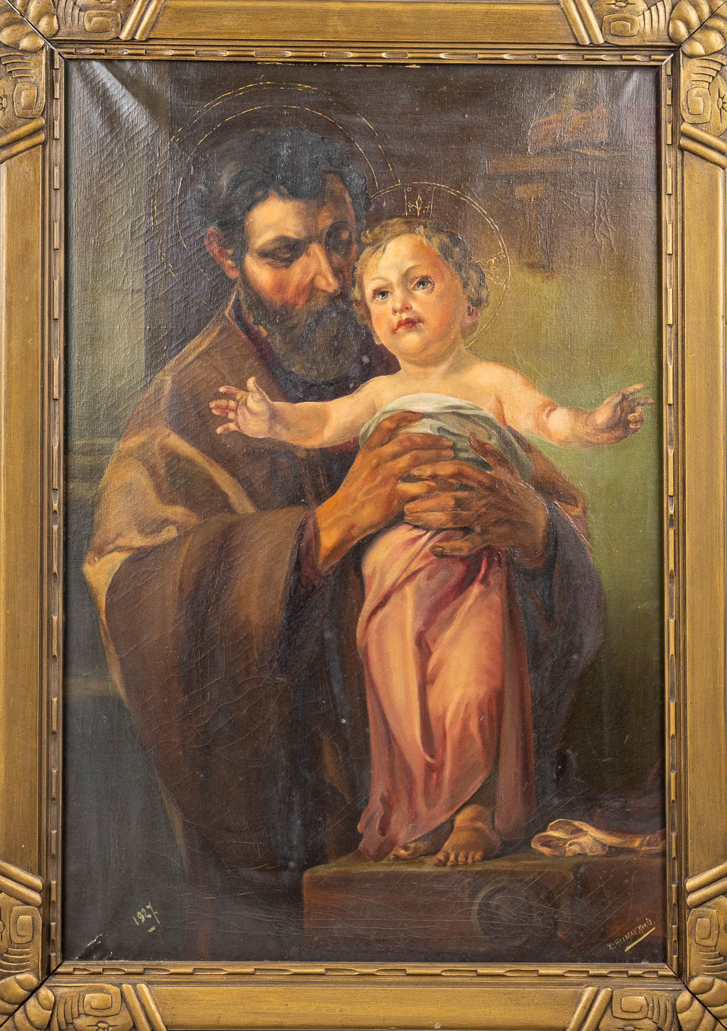 Herman Maris (XX) 'Joseph with Christ' 'Mary with Christ' a Pendant painting, oil on canvas. 1927. (61 x 90 