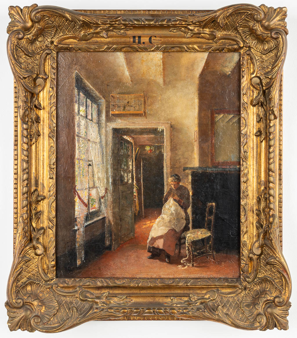MERIAN (XIX) 'Handworking lady' een schilderij, olie op doek. (38 x 46 cm)