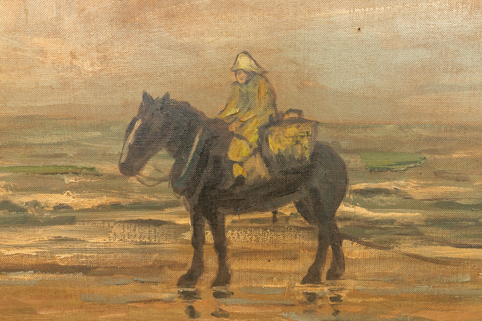 Pierre OCQUET (1926) 'Garnaalvissers in Oostduinkerke' een groot schilderij, olie op paneel. (200 x 120 cm)