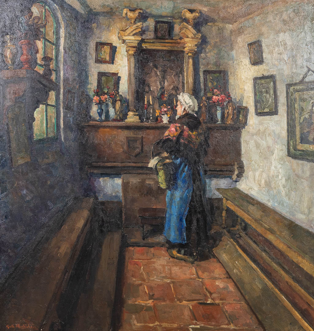 Guillaume MICHIELS (1909-1997) 'Interieur van de kapel' een schilderij, olie op doek.  (W:114 x H:119 cm)