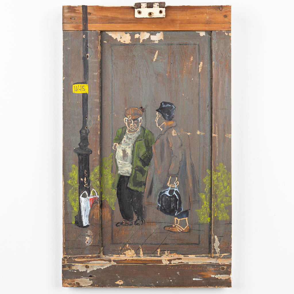 Fons BREEKELMANS (XX) 'The Bus stop' a painted door. Oil on panel, 2000. (46 x 77 cm)