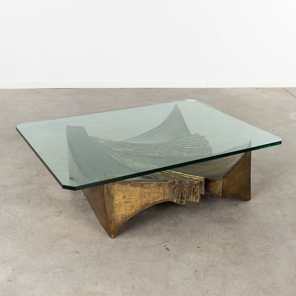 A coffee table, bronze and glass, brutalist style with faux bamboo. 20th C. (D:90 x W:120 x H:35 cm)