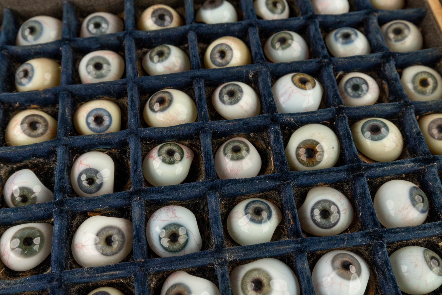 Klein-Glitschka Gent, een grote collectie prothetische glazen ogen. 126 stuks. Circa 1900. (L:21 x W:30 x H:5 cm)