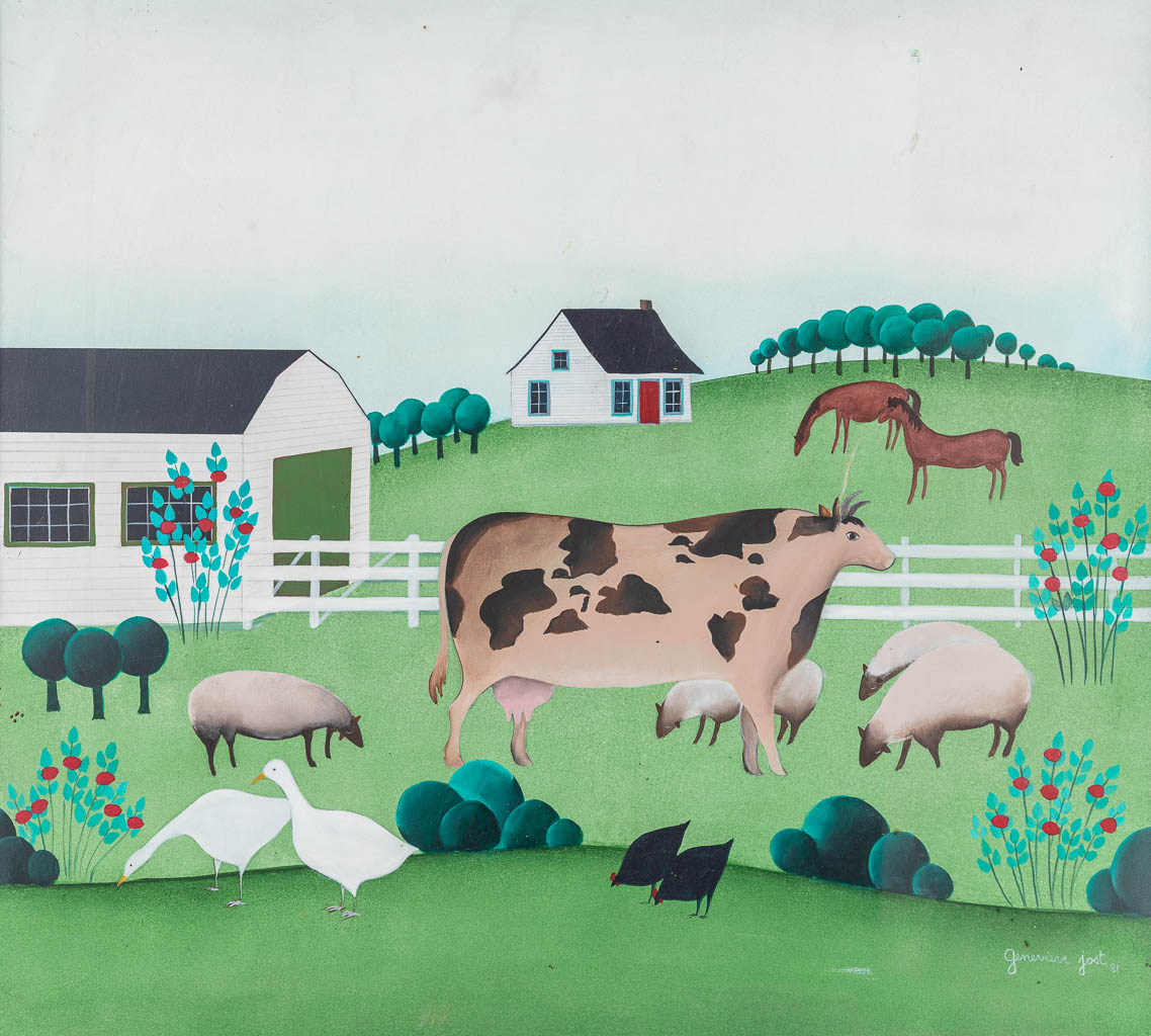 Genevieve JOST (1944) 'Farm' mixed media on board. 1981 (W:50 x H:45 cm)