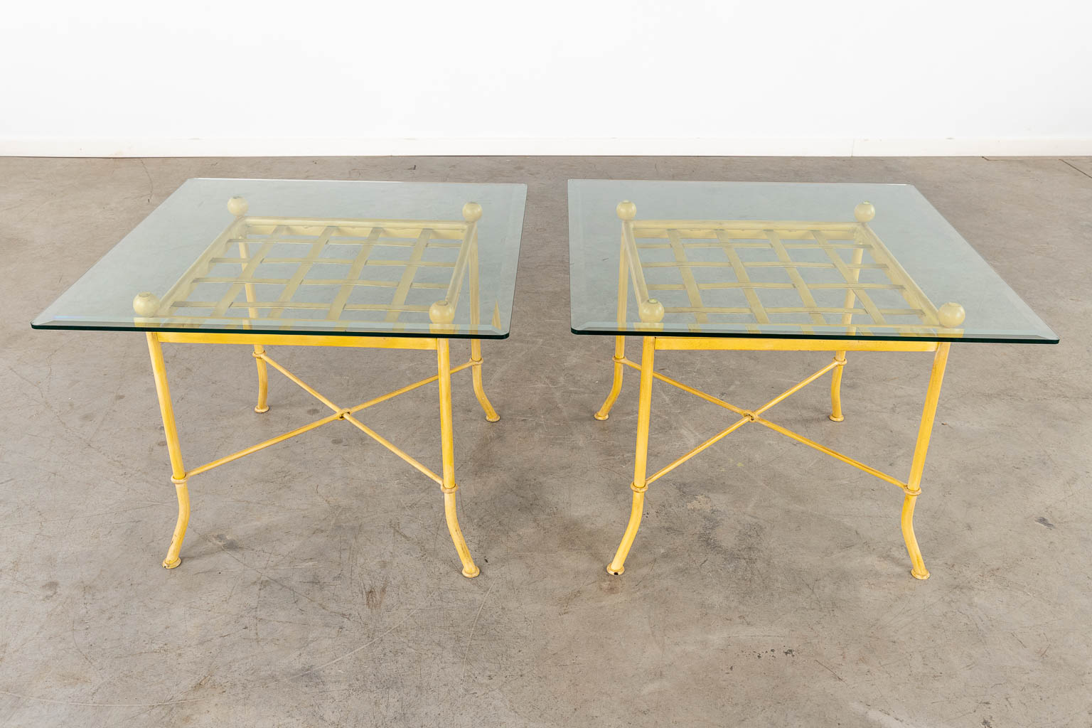 Two coffee tables and a standing lamp, yellow patinated metal. 20th C. (D:70 x W:70 x H:51 cm)