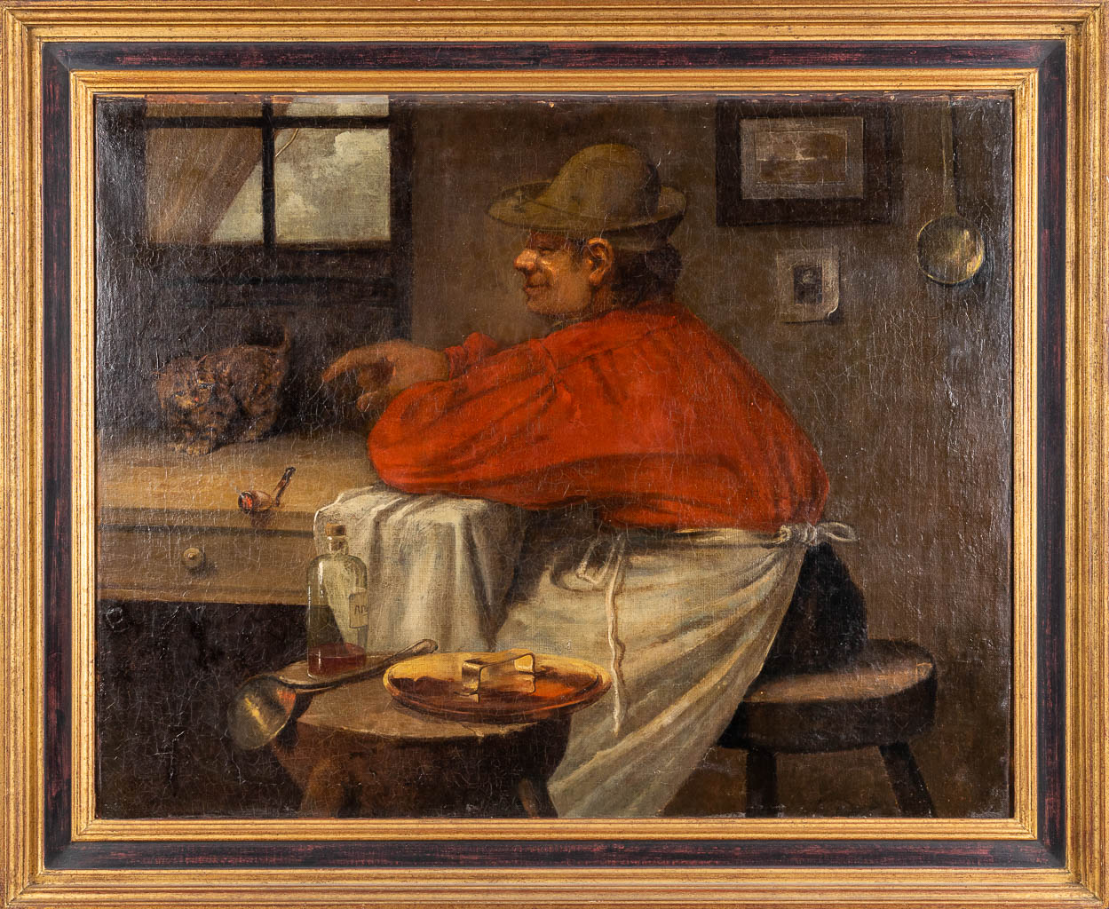 Boer met een kat, een schilderij, olie op doek. Geen handtekening gevonden. 19de eeuw. (W: 81 x H: 65 cm)