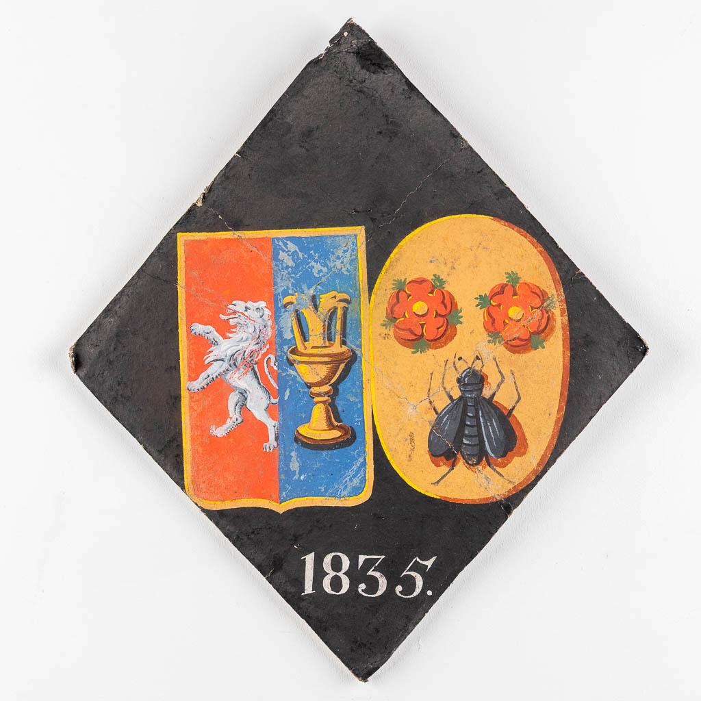 A collection of 5 painted boards with heraldic images. 19th C. (W: 50 x H: 60 cm)