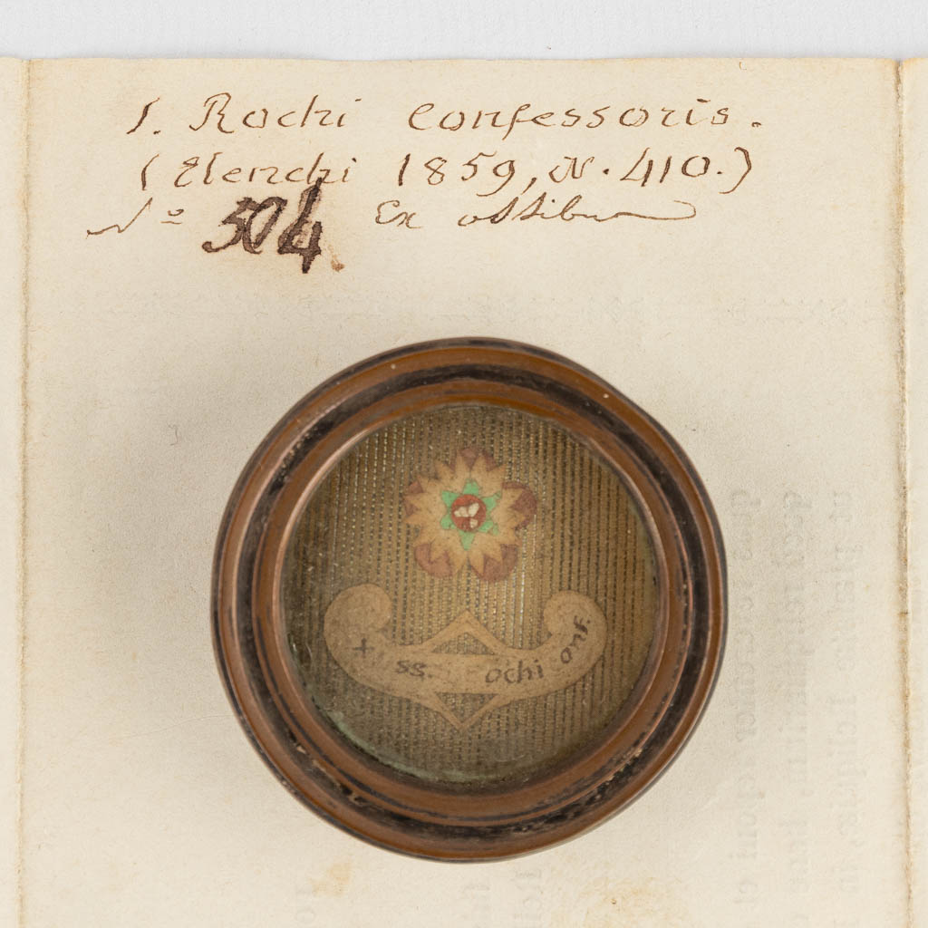 A sealed theca with a relic: Ex Ossibus Sancti Rochi Confessoris