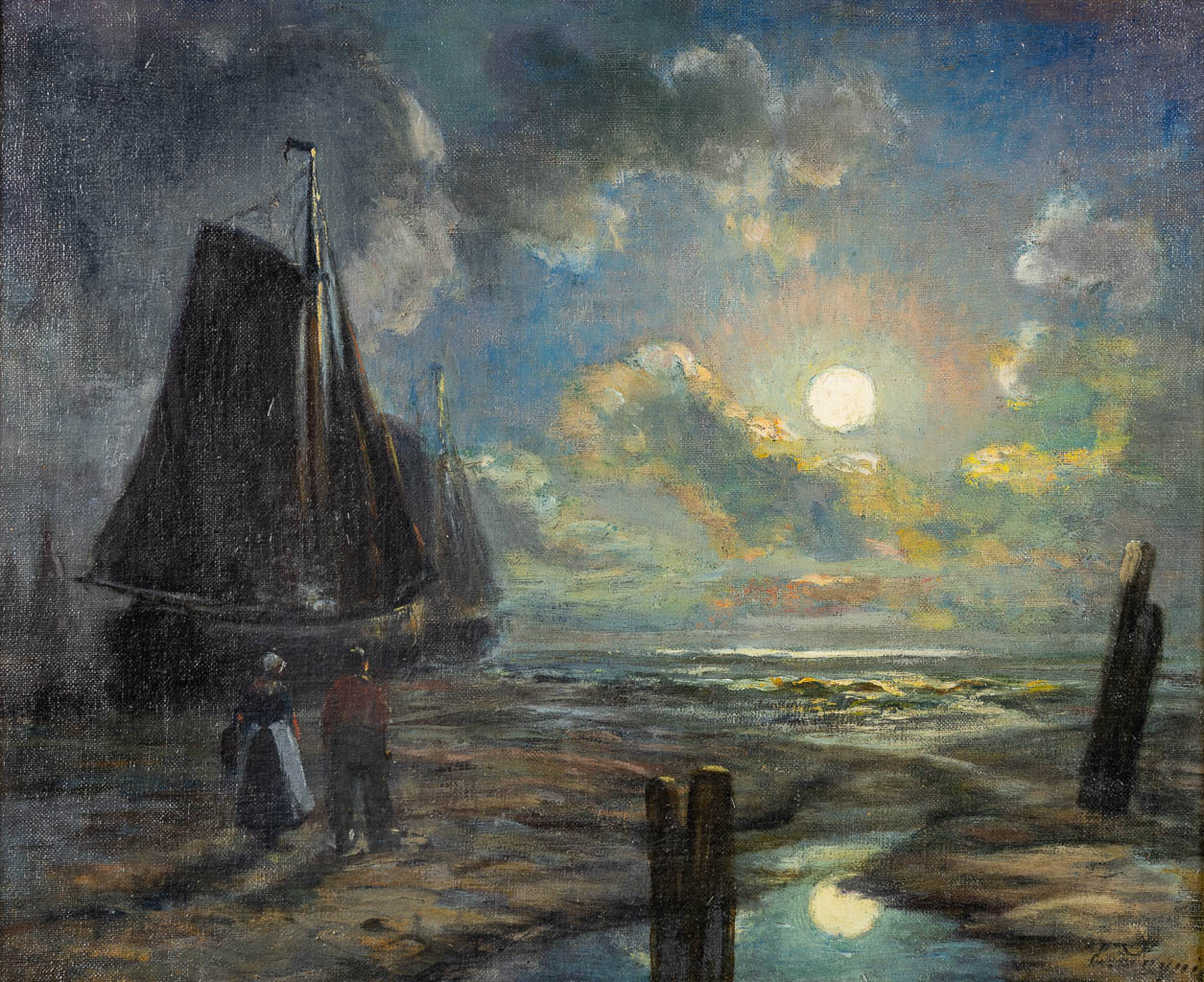 Een antiek schilderij 'Avondlicht aan de zee' vroeg 20ste eeuw. (W:46 x H:38 cm)