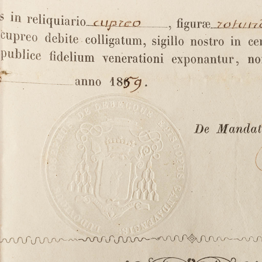 A sealed theca with a relic: Ex Ossibus Sancti Rufini Martyris