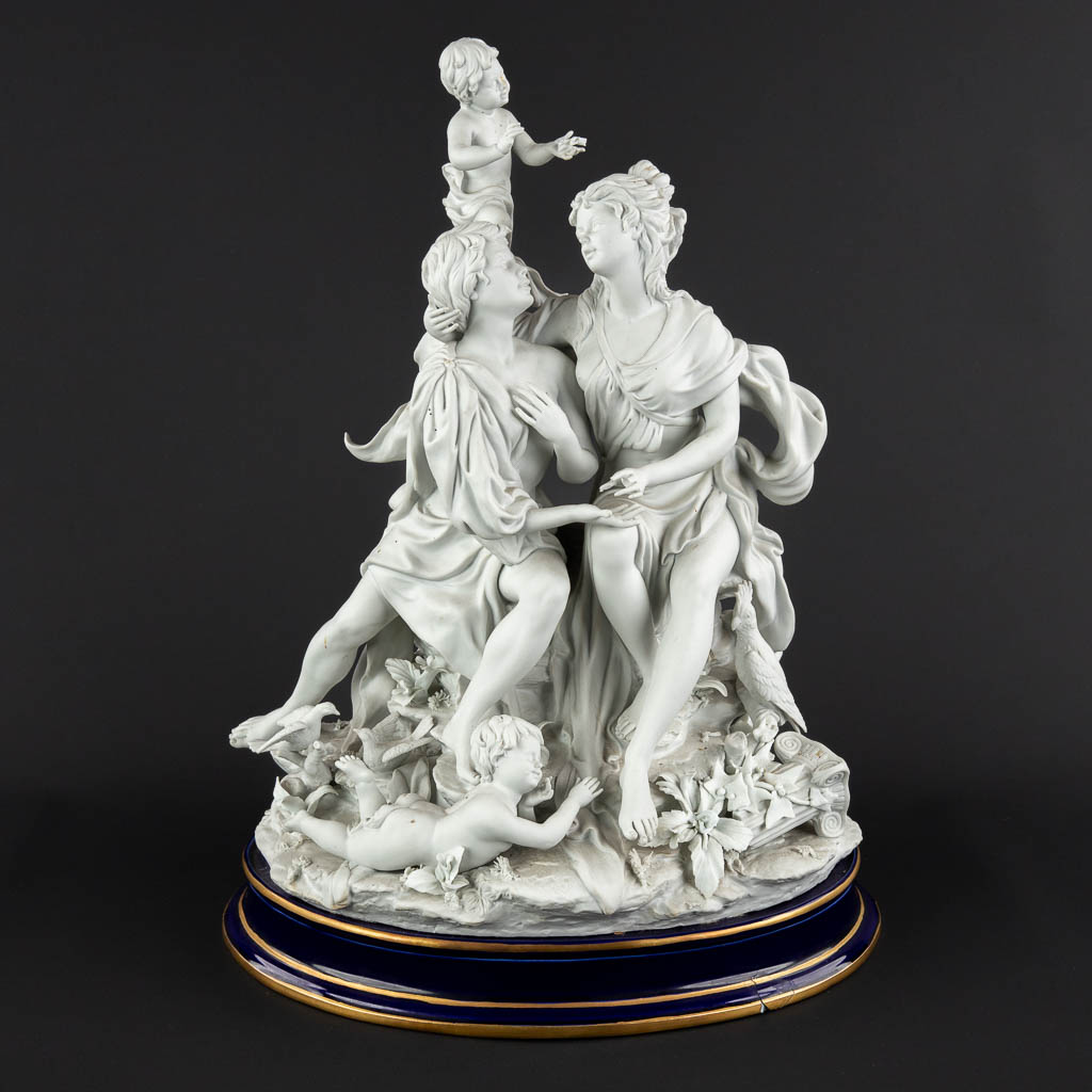 A large group, bisque porcelain with a romantic scène. 20th C. (D:26 x W:36 x H:47 cm)