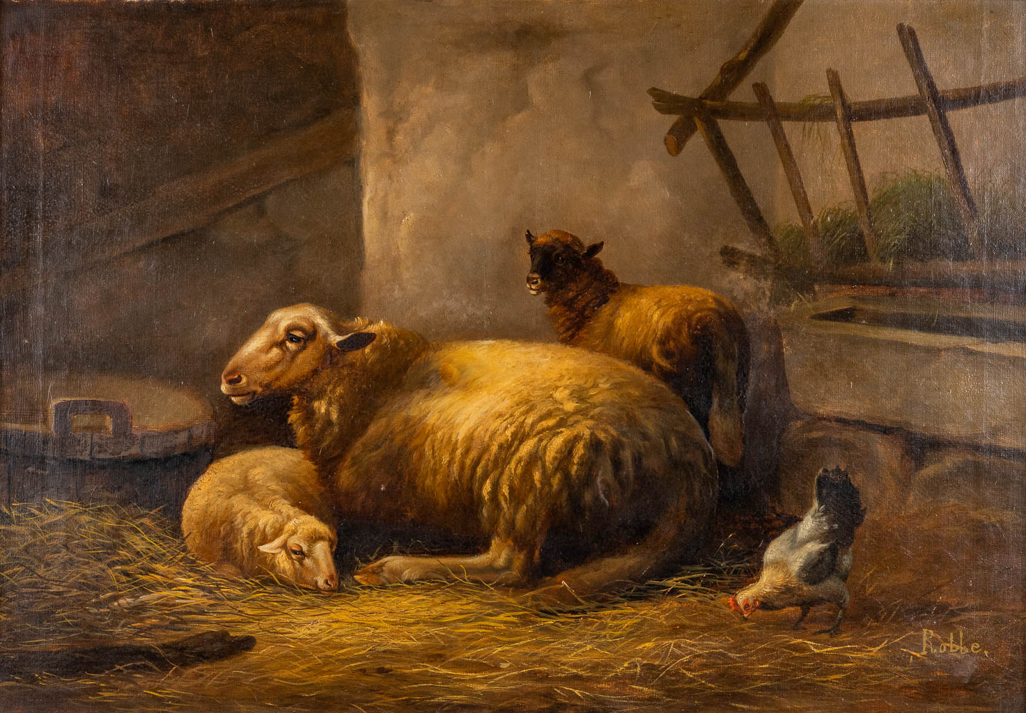 Louis ROBBE (1806-1887) 'Sheep in the barn' oil on canvas. (W:74 x H:52 cm)