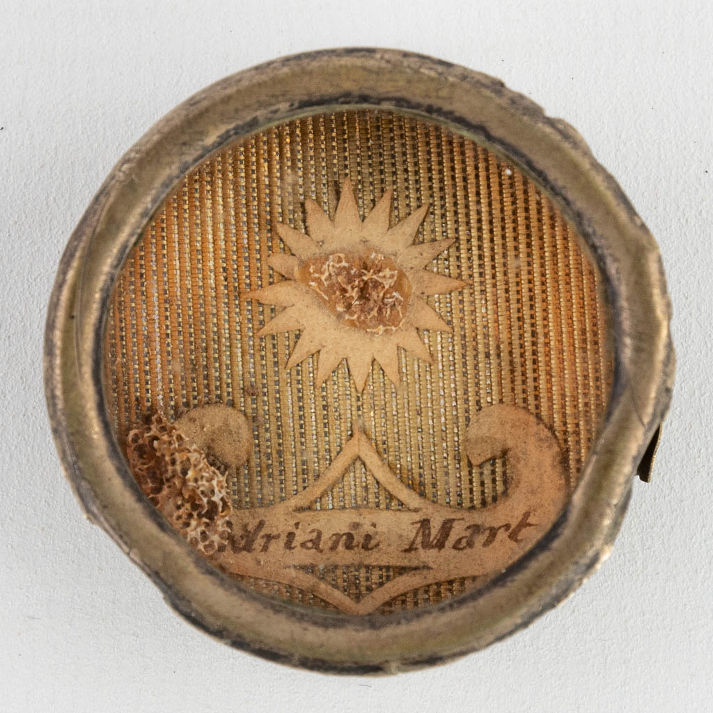 A sealed theca with a relic: Ex Ossibus Sancti Adriani Martyris