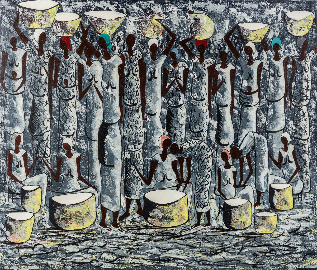 Asanda KUPA (1981)(attr.) 'Scène met draagsters'. (W:92 x H:78 cm)
