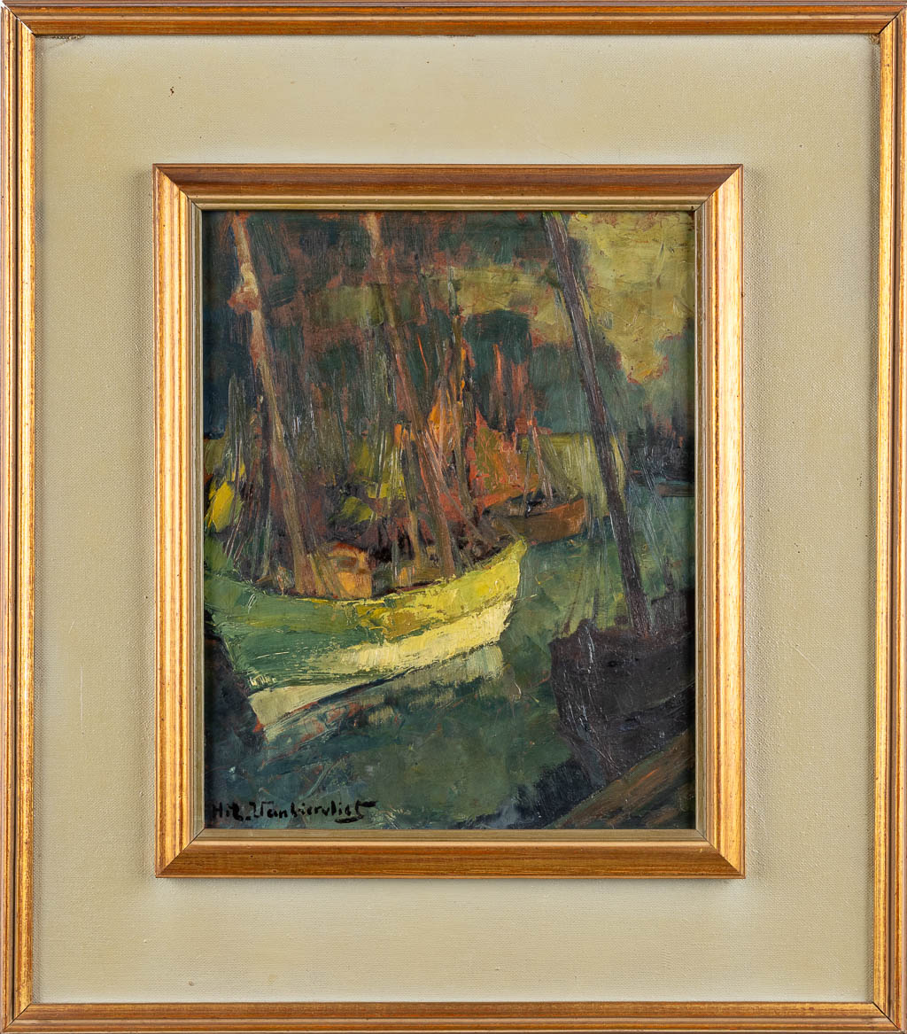 Hilaire VAN BIERVLIET (1891-1982) 'De haven en Winterlandschap' olie op paneel. (W:24 x H:30 cm)