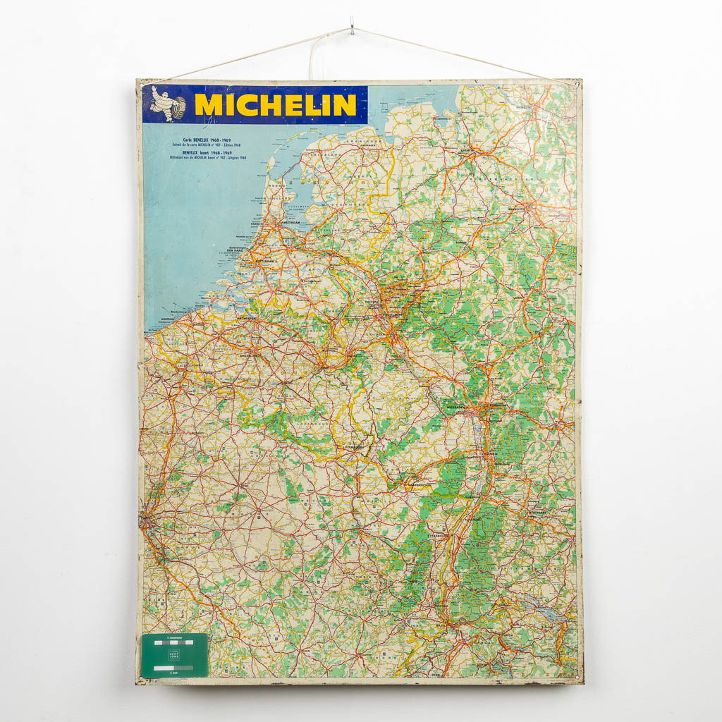 A vintage metal road sign made by Michelin, map of the BeNeLux 1968-1969. (H:79cm)