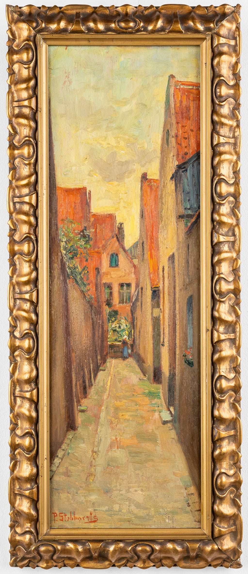 Pieter STOBBAERTS (1865-1948) 'Vette Vispoort, Brugge' olie op paneel. (W:18 x H:56 cm)