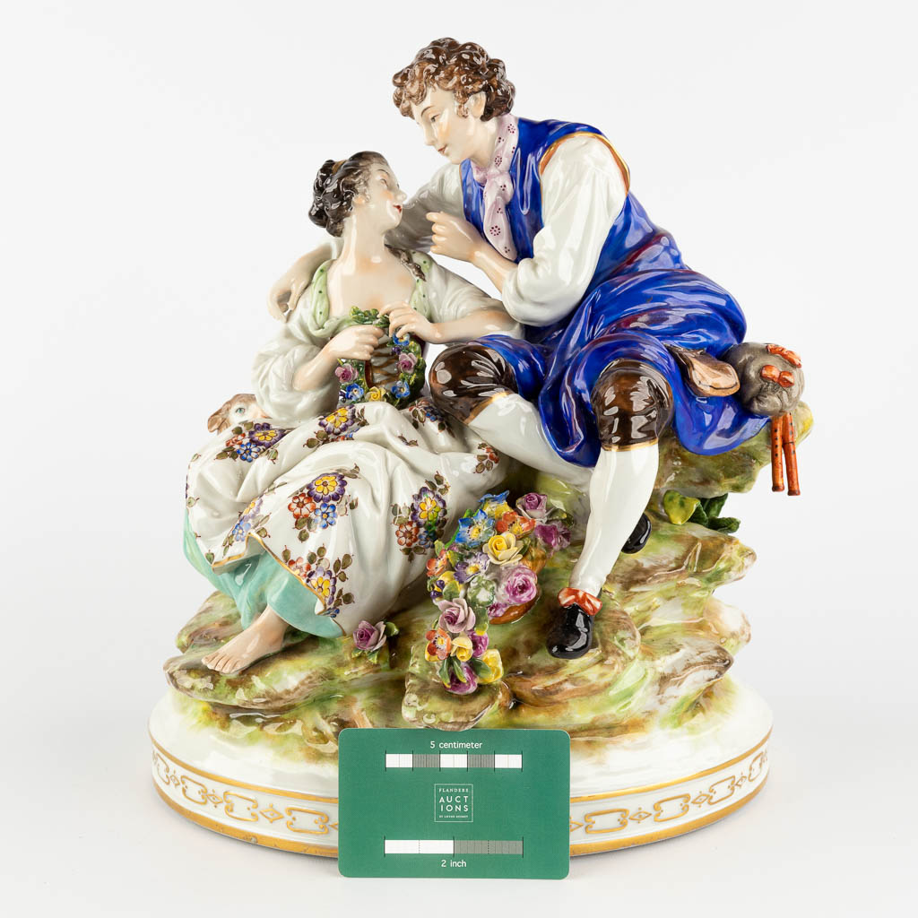 Volkstedt, a romantic scène, porcelain. 20th C. (D:27 x W:31 x H:21 cm)