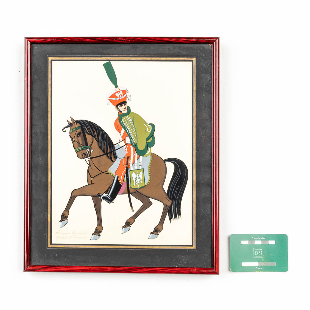 Een collectie van 8 kaders met handgeschilderde figuren te paard (20,5 x 26,5 cm)