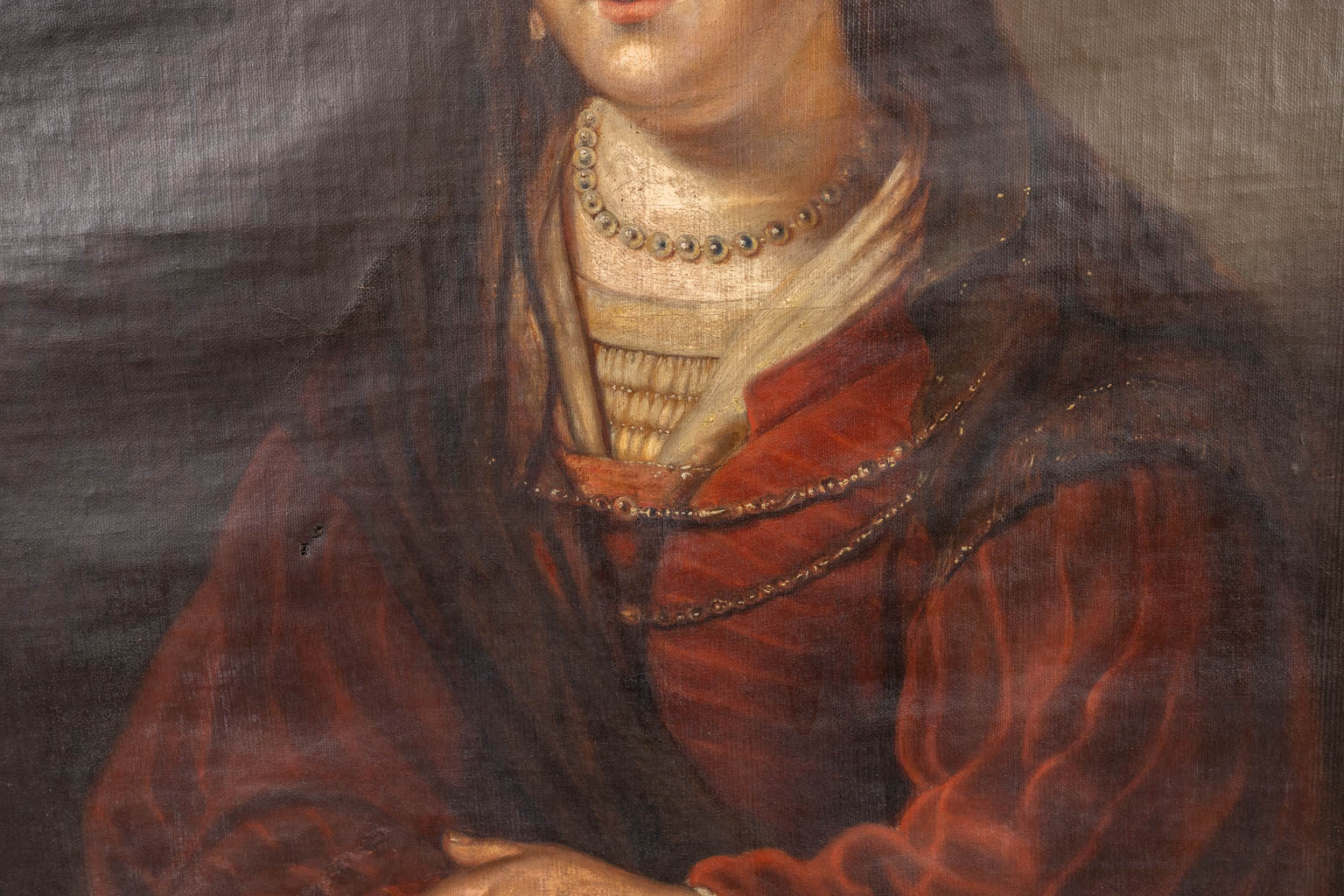 Een antiek portret van een dame, olie op doek. 18de eeuw (69 x 80cm)