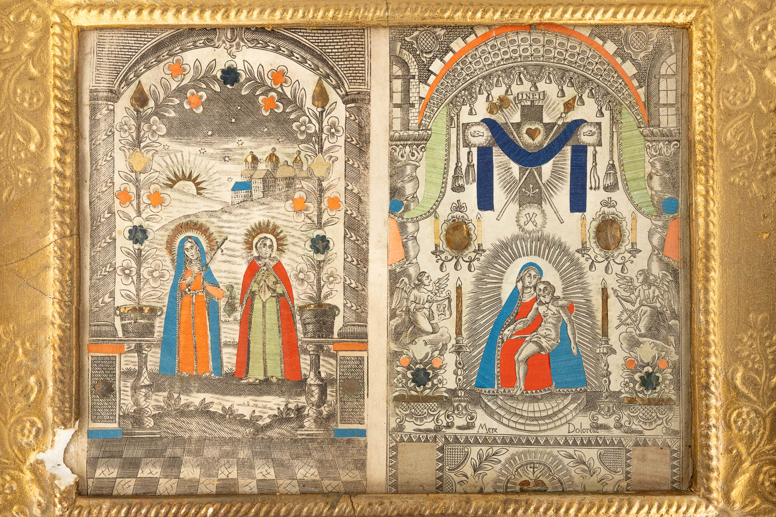 A collection of 3 religious frames, with Angus Dei, santjes. (W: 45 x H: 38 cm)