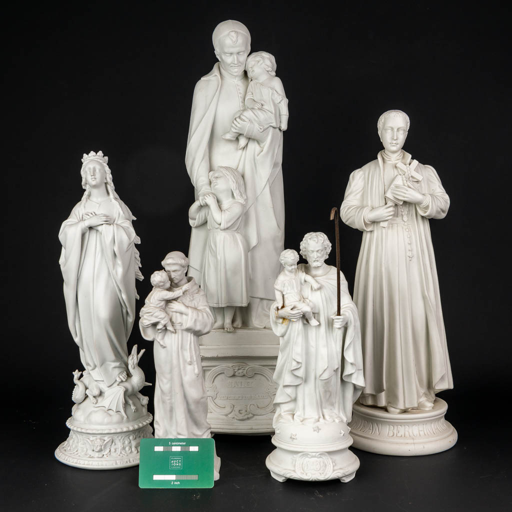A collection of 5 statues of holy figurines made of white bisque porcelain. (H:57cm)