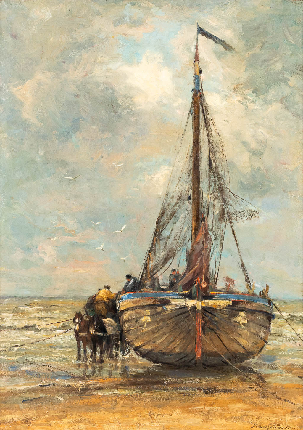 Franz COURTENS (1854-1943) 'Bateau de pêche à la côte' oil on canvas. (W: 84 x H: 117 cm)