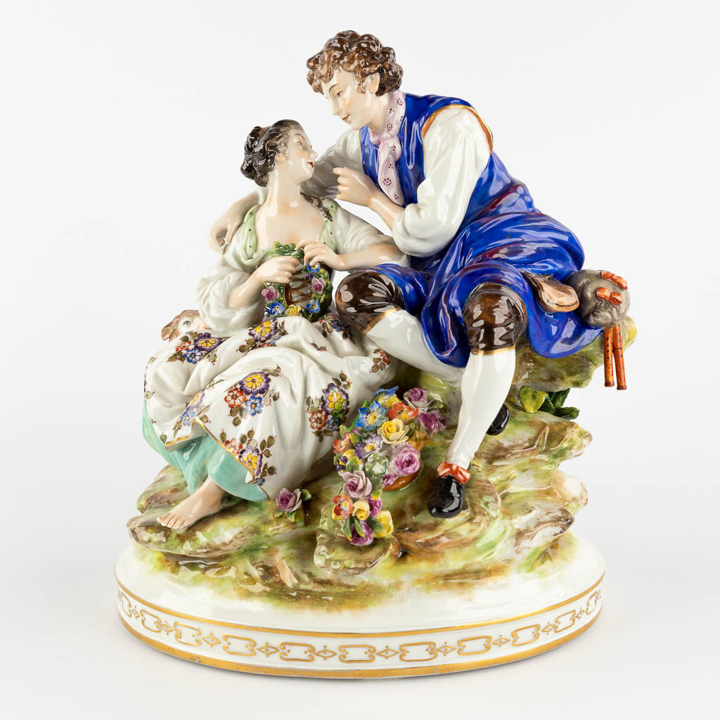 Volkstedt, a romantic scène, porcelain. 20th C. (D:27 x W:31 x H:21 cm)