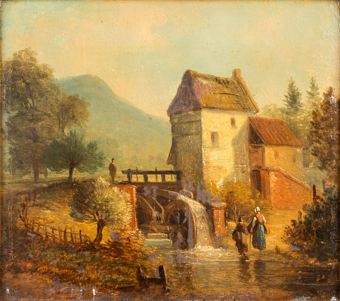 'Landschap met watermolen' een antiek schilderij, olie op paneel. (W:17 x H:15 cm)