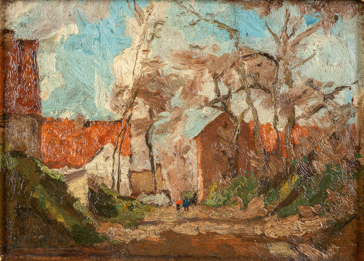 An antique painting 'Village in the spring' oil on panel. 19th C. (W:26 x H:20 cm)