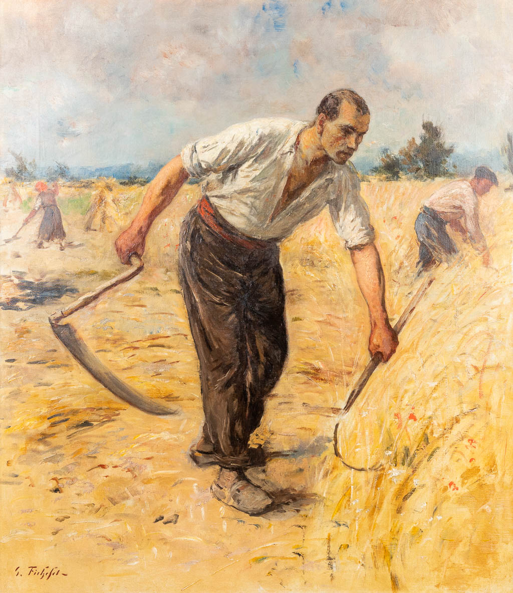 Georges FICHEFET (1864-1954) 'De Oogst', een schilderij, olie op doek. (W:99 x H:114 cm)