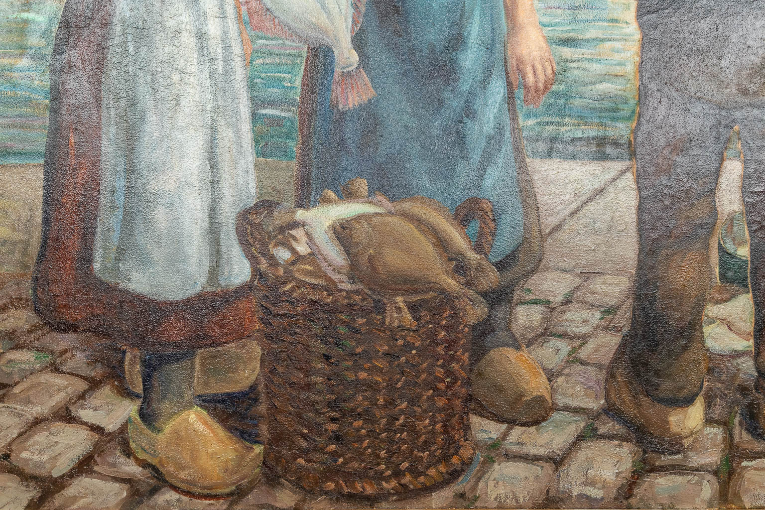 Robert VANHESTE (1913-2002) 'Visverkoop in Oostende' een schilderij, olie op doek. (170 x 120 cm)