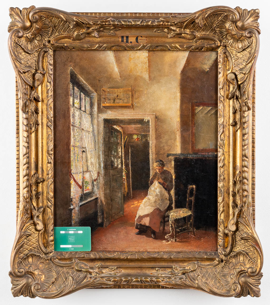 Een schilderij, Dame in een interieur, olie op doek. 19de eeuw. (D:45 x W:37 cm)