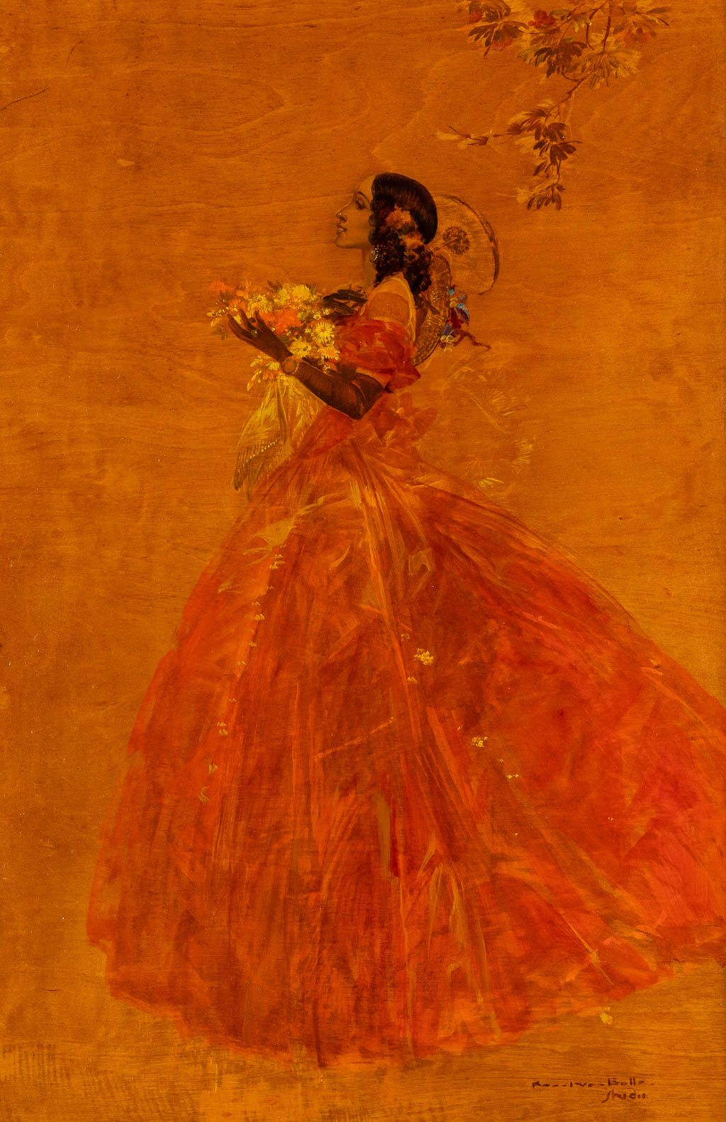 Karel VAN BELLE (1884-1959) 'Dame met rode kledij' olie op paneel. (W:42 x H:60 cm)
