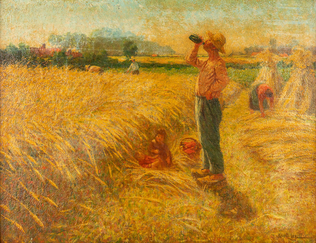 Jan-Baptist LESAFFRE (1864-1926) 'Farmer and family in the field' oil on panel. (W:90 x H:70 cm)