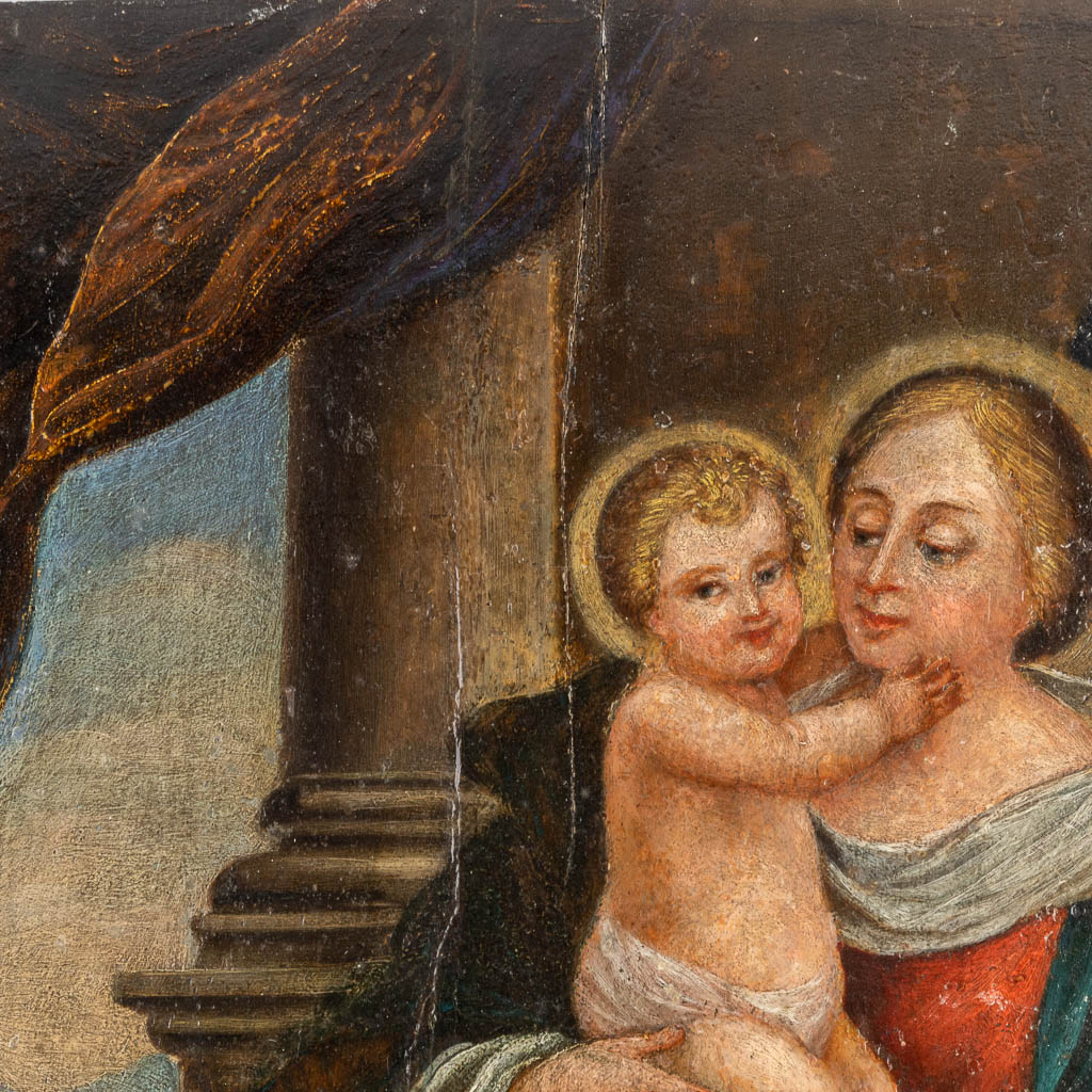 Madonna met kind, een antiek schilderij, olie op paneel. 17de eeuw. (W:35,5 x H:51 cm)