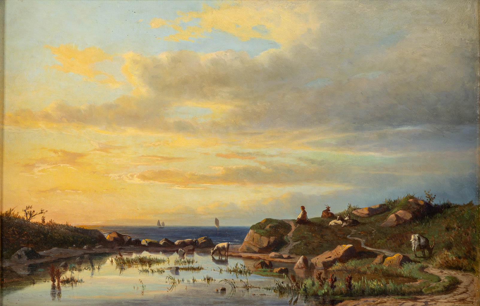 Jan Théodore KRUSEMAN (1835-1895) 'Zeezicht bij zonsondergang' 1861. (W:58,5 x H:37,5 cm)