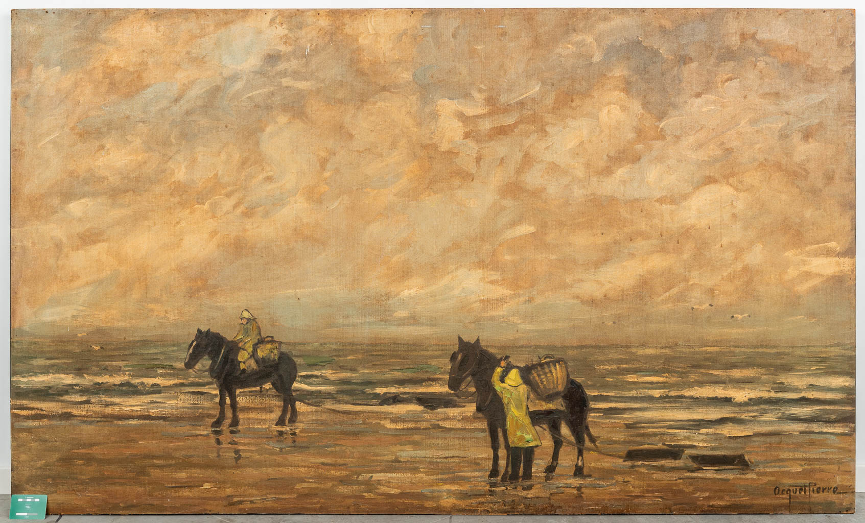 Pierre OCQUET (1926) 'Garnaalvissers in Oostduinkerke' een groot schilderij, olie op paneel. (200 x 120 cm)