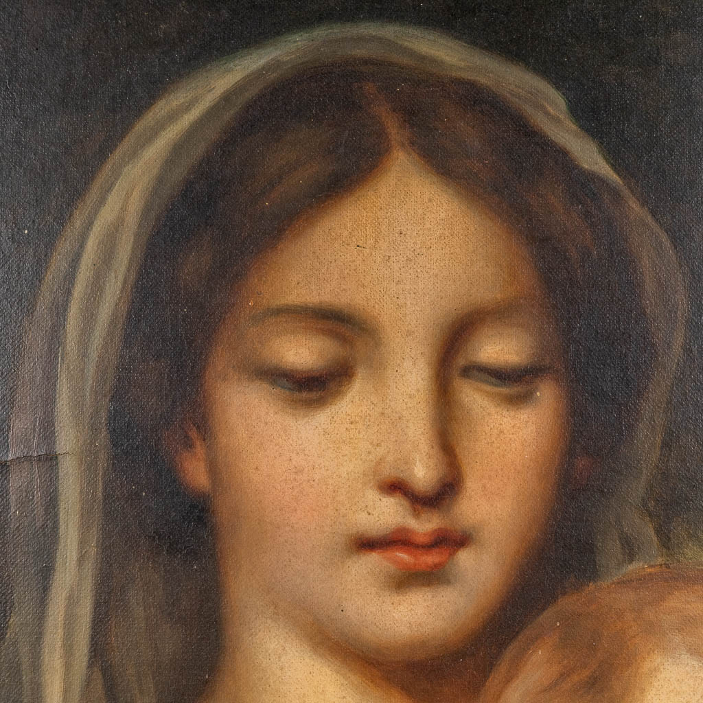 Een schilderij 'Moeder met kind' olie op doek. 19de eeuw. (W:54 x H:65 cm)